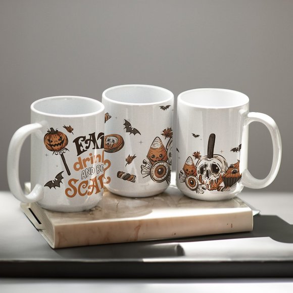 Eat, Drink, and be Scary Coffee Mug. Halloween Coffee Cup. 15oz Ceramic Mug - Picture 3 of 5